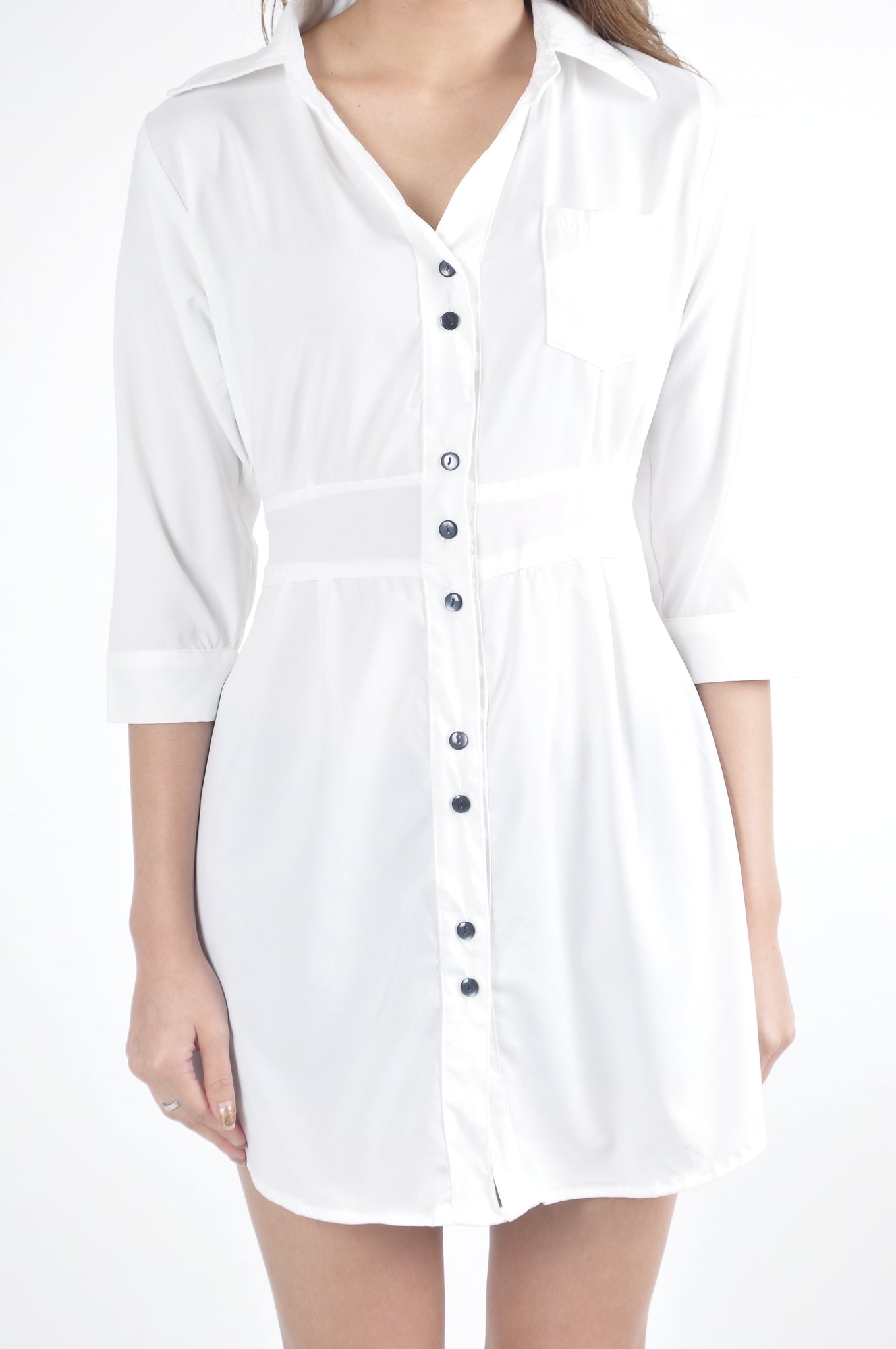 Back Waist Tie Pocket Quarter Sleeve Shirt Dress in White
