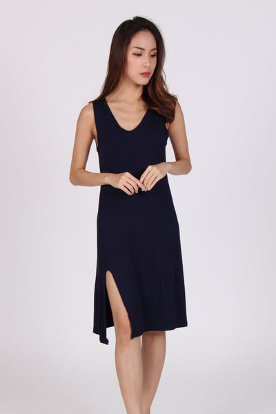 Basic V Neck Single Side Slit Cotton Dress in Navy Blue