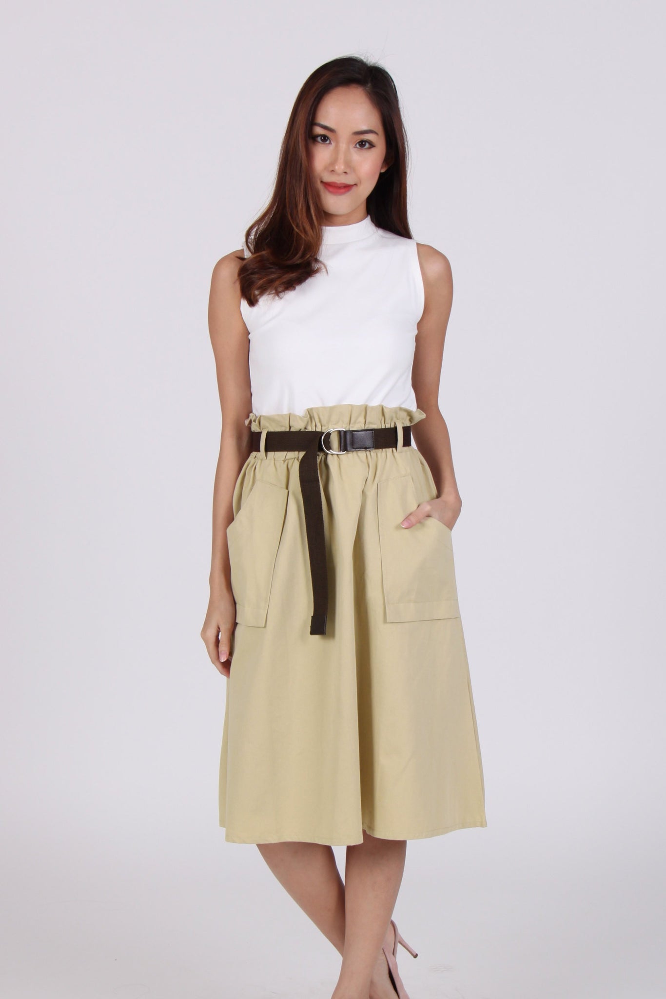 Large Pockets High Waist Midi Skirt In Yellow-Beige