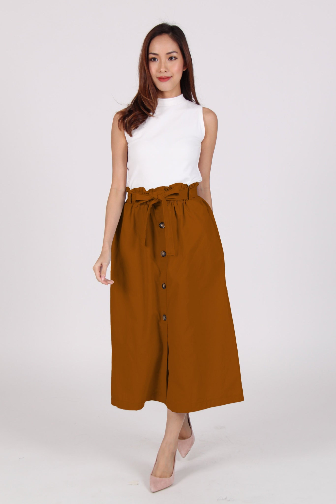 High Waist Ribbon Midi Skirt In Orange-Brown