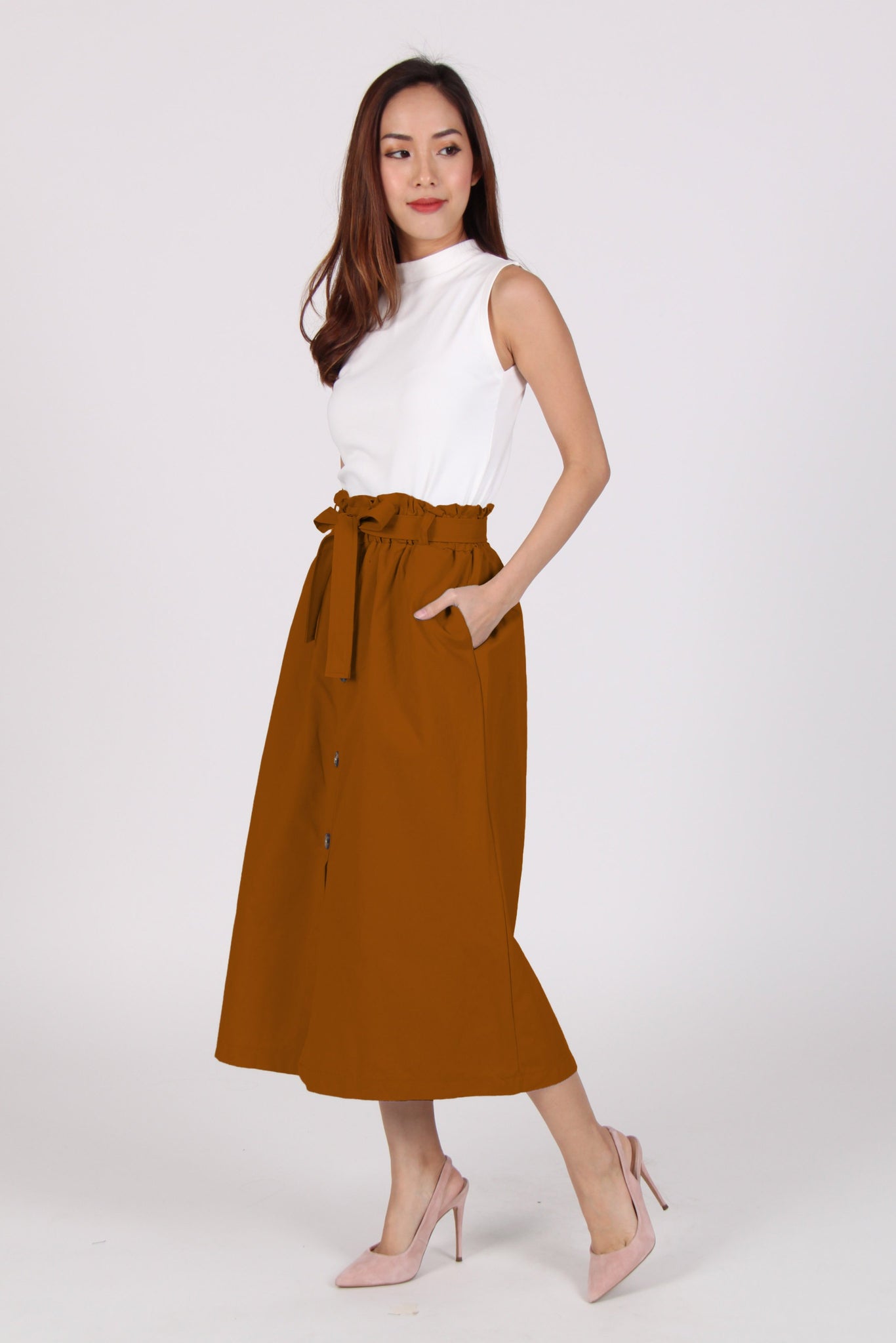 High Waist Ribbon Midi Skirt In Orange-Brown