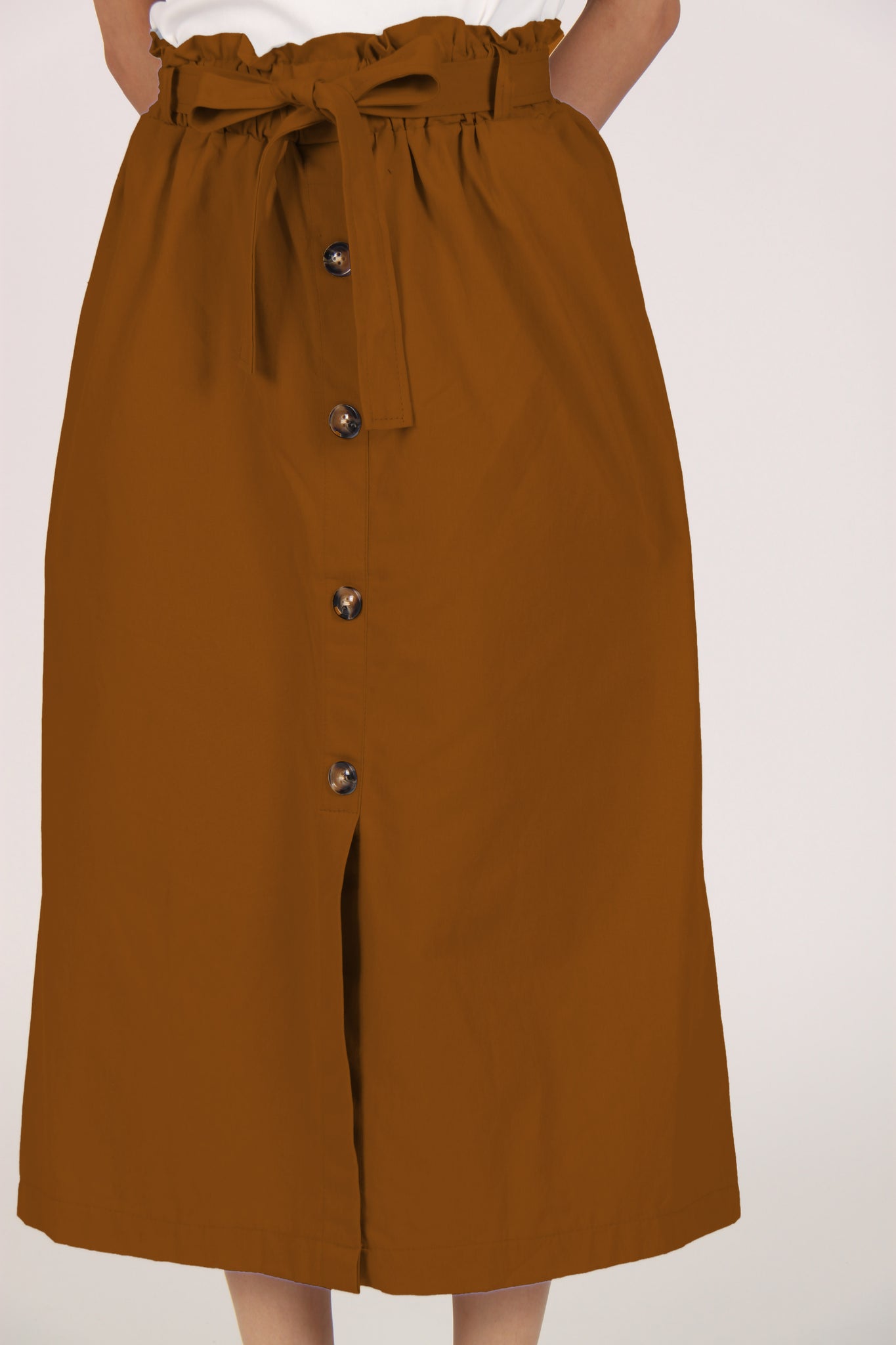 High Waist Ribbon Midi Skirt In Orange-Brown