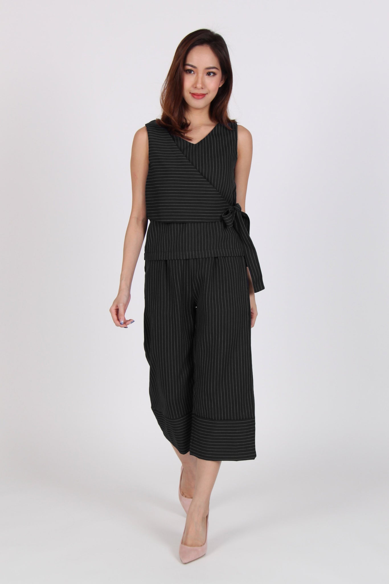 2 Piece Pinstripe Side Overlap Top with Culottes in Black