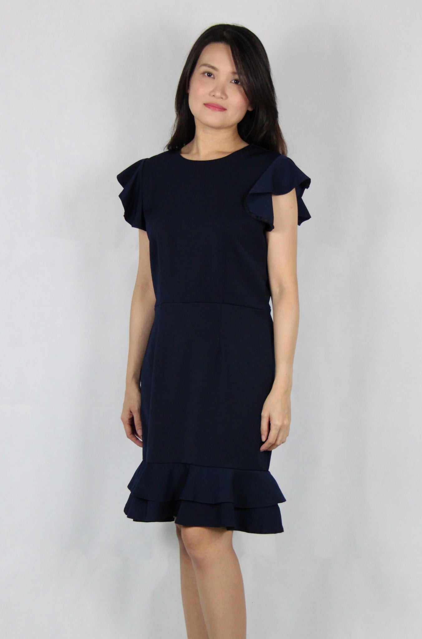 Ruffles Sleeves Double Layer Dress in Navy Blue