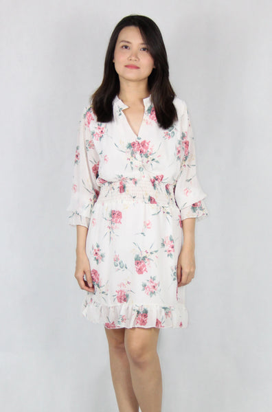 Long Bell Sleeve Floral Dress in White