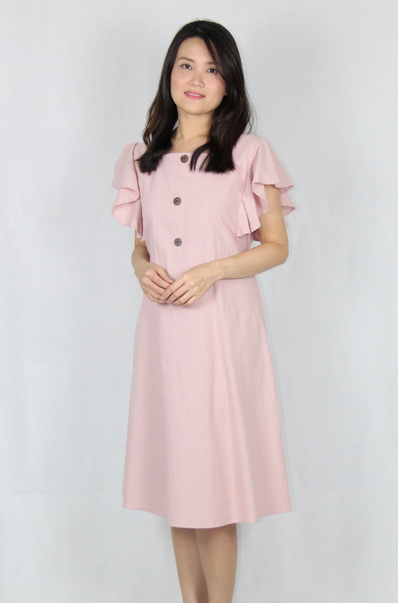 Square Neck Ruffles Sleeve Flare Dress in Pink