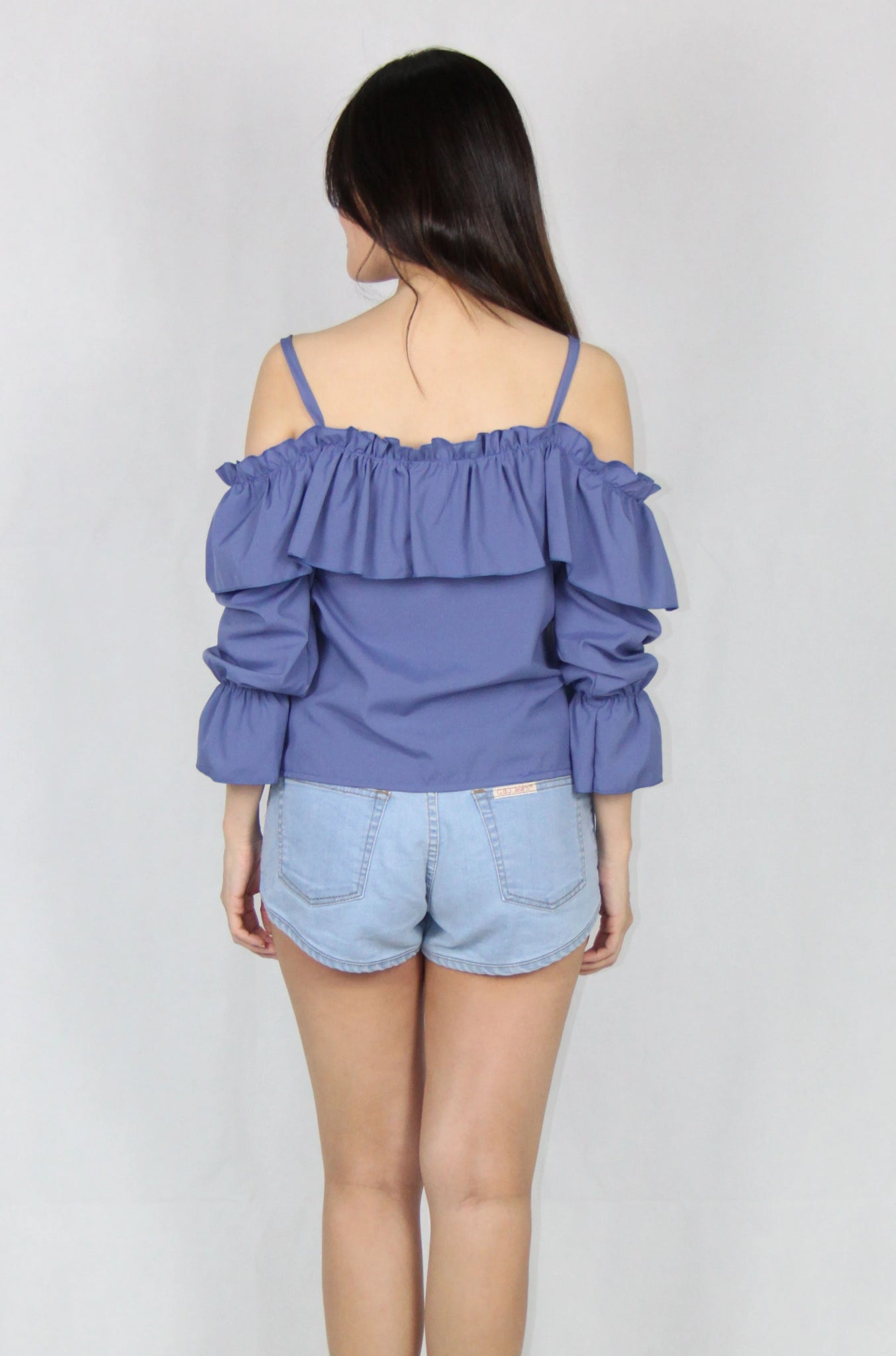 Ruffles Long Sleeve Cold Shoulder Top in Blue