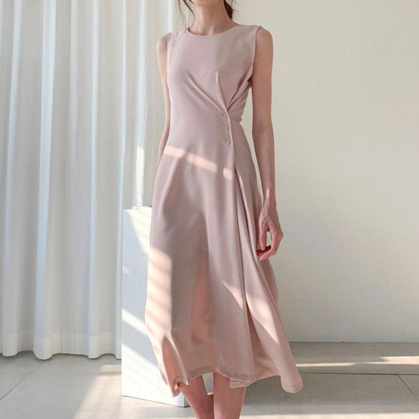 Sleeveless Round Neck Side Buttons Flare Midi Dress in Pink