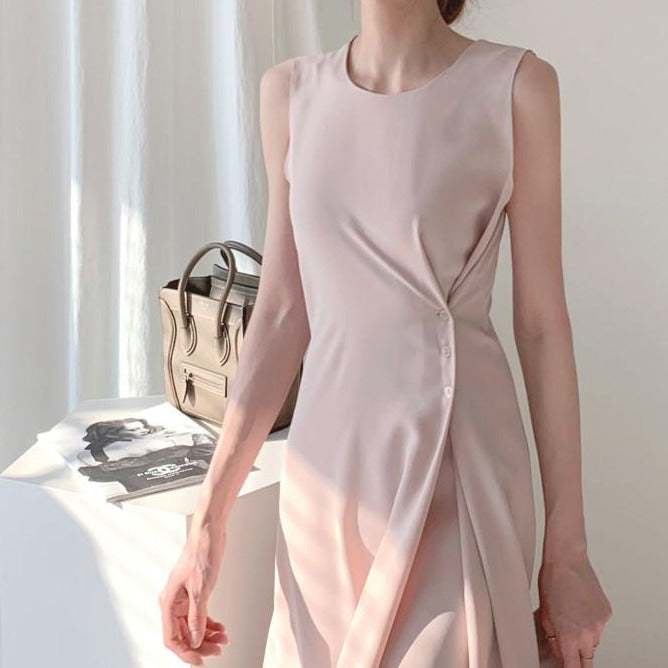 Sleeveless Round Neck Side Buttons Flare Midi Dress in Pink