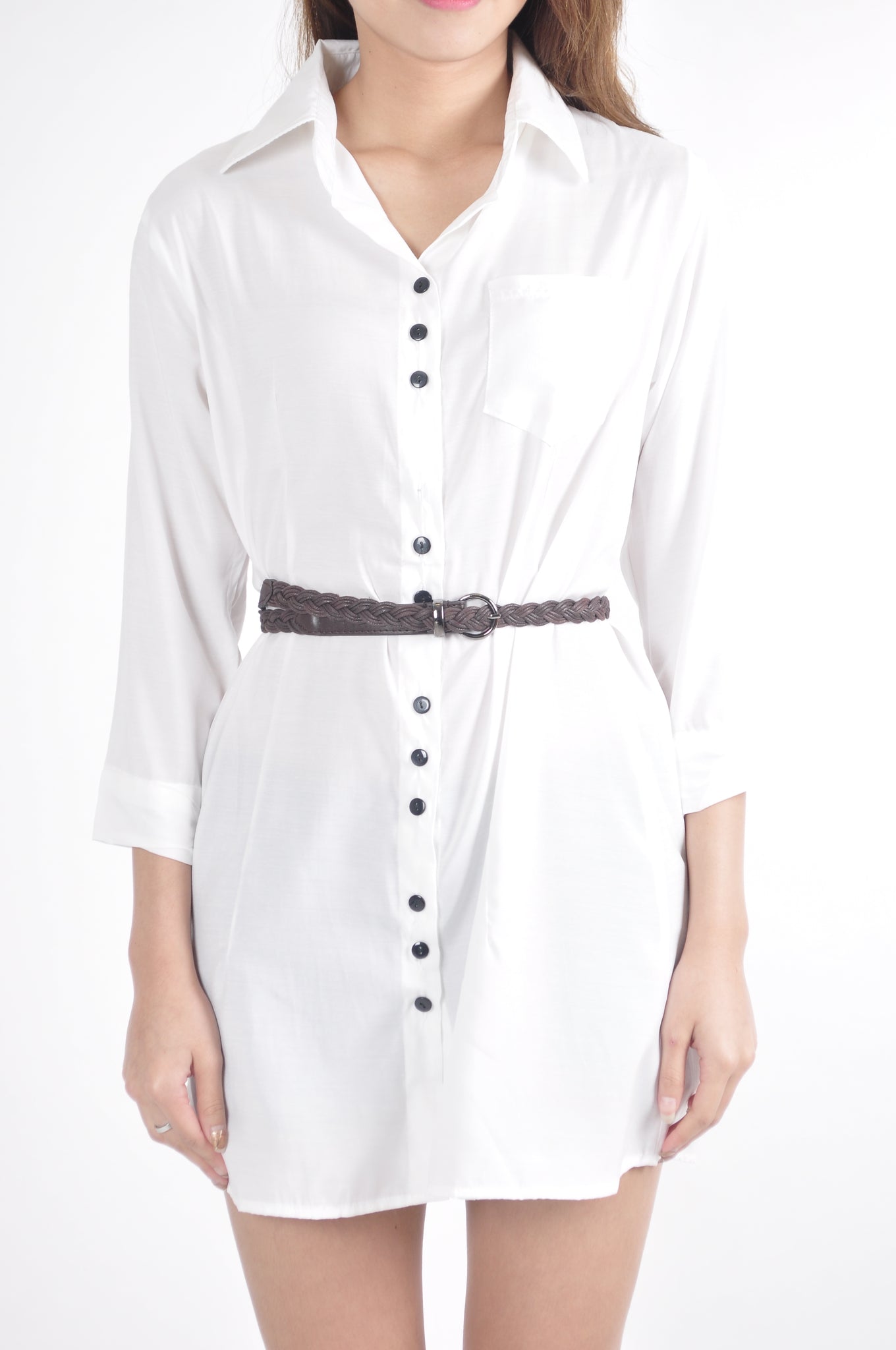 Pocket Quarter Sleeve Shirt Dress in White