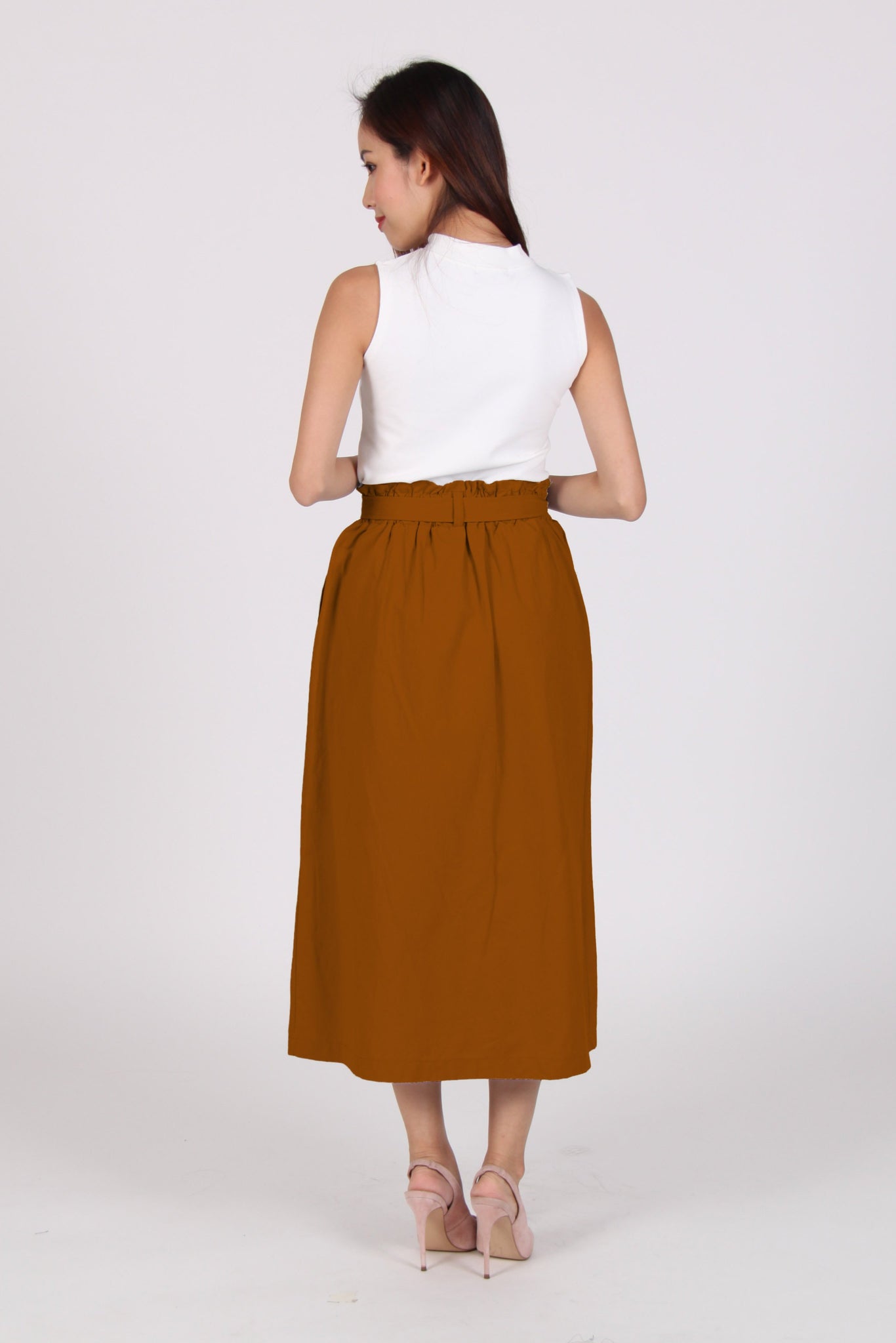 High Waist Ribbon Midi Skirt In Orange-Brown