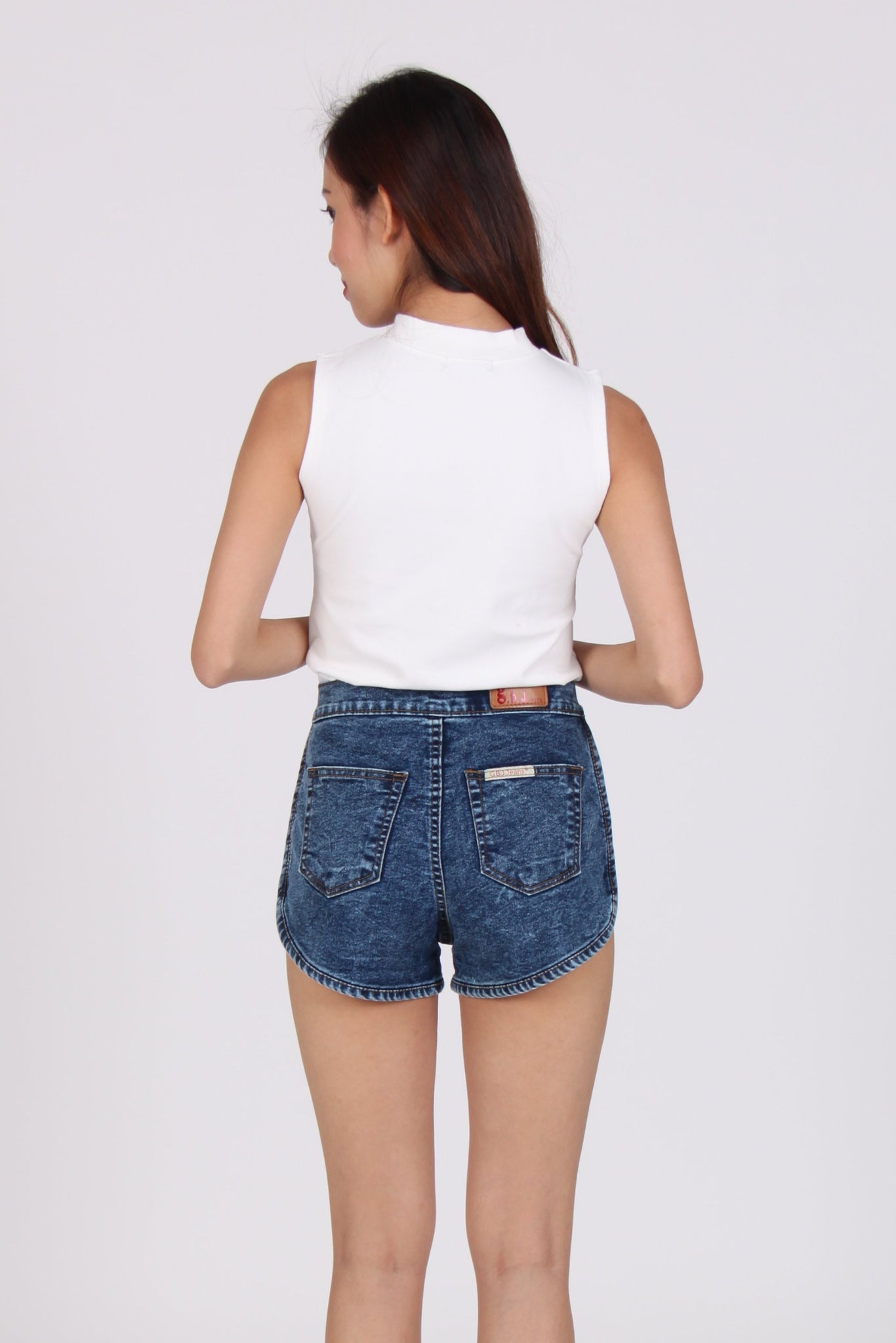 Side Bands High Waist Jogger Denim Shorts in Mid Stone Wash