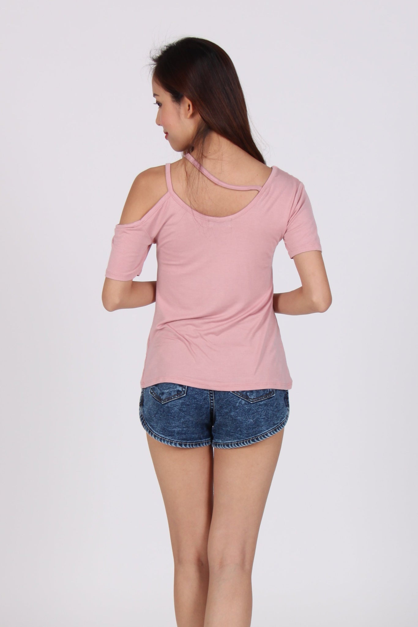 Cross Neck Single Cold-Shoulder Top in Pink