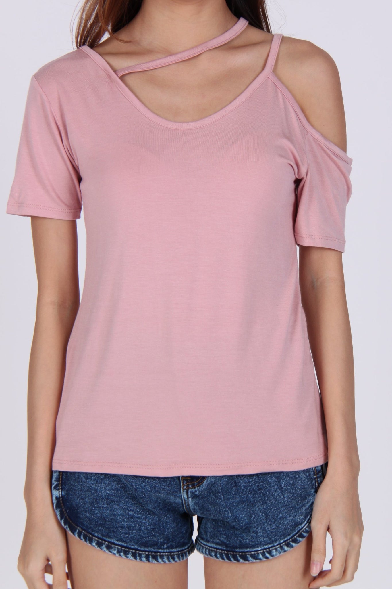 Cross Neck Single Cold-Shoulder Top in Pink