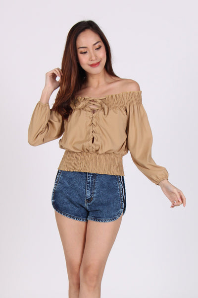 Front Lace Up Smocked Off Shoulder Top in Coco-Beige
