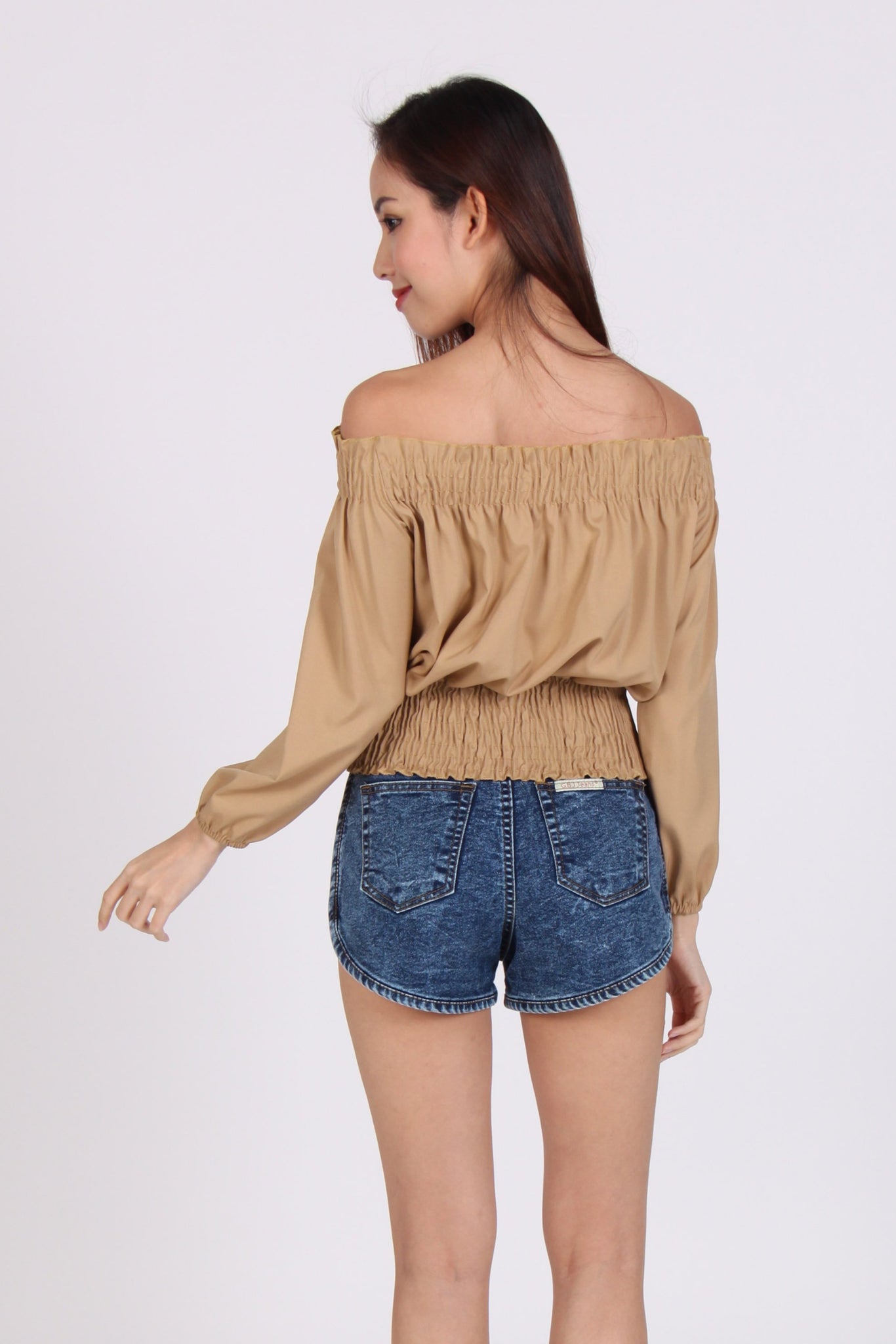Front Lace Up Smocked Off Shoulder Top in Coco-Beige