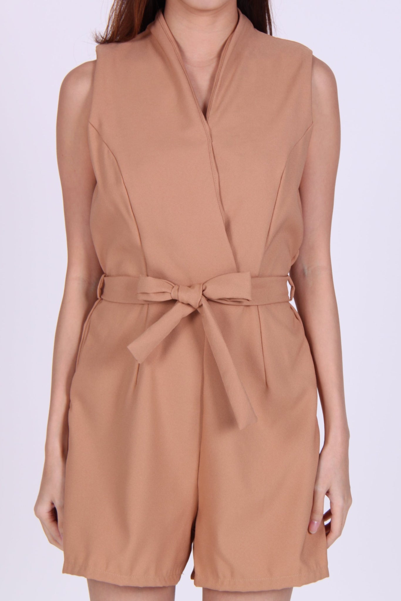 Overlap Sleeveless Romper in Beige