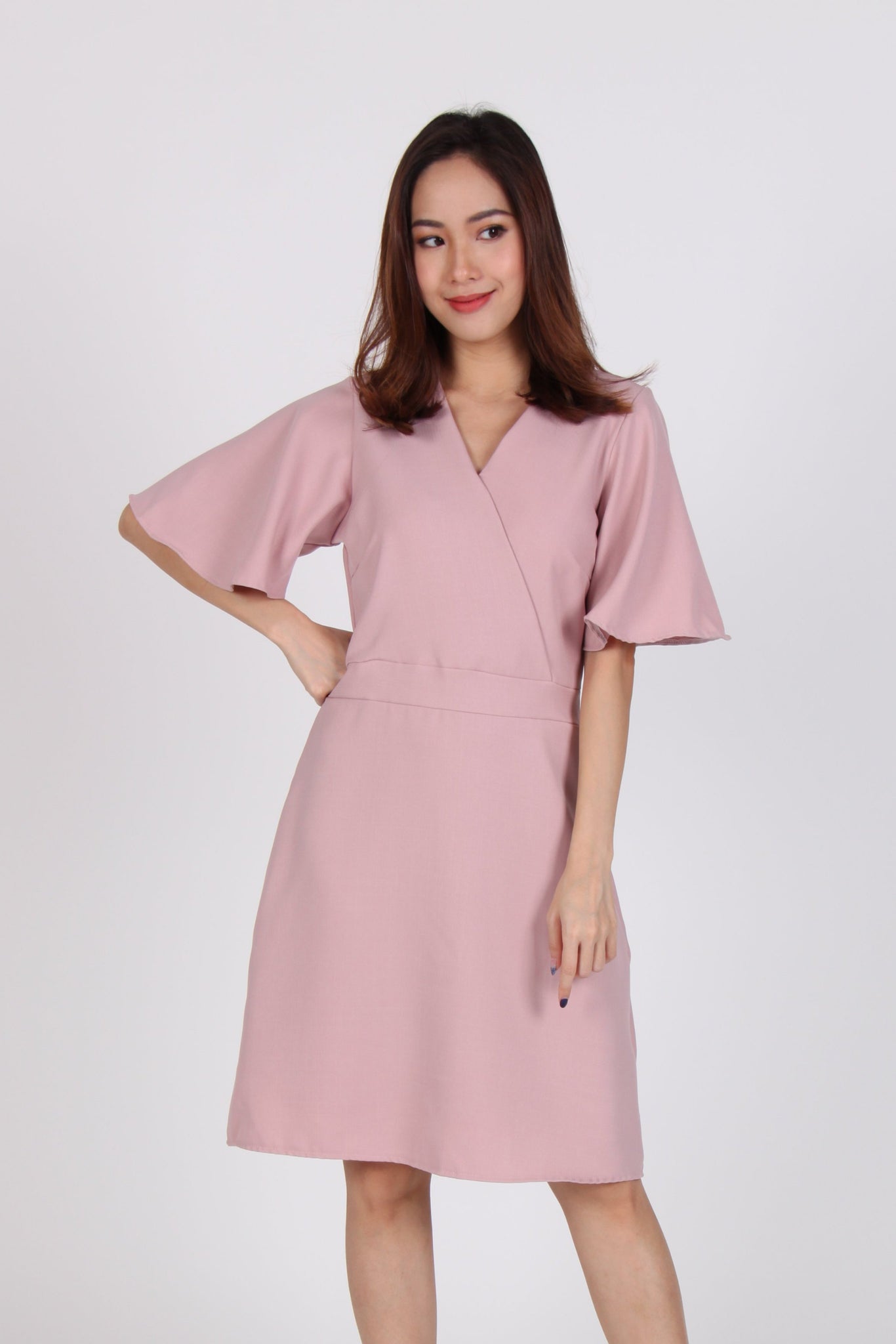 Bell Sleeves Wrap Front Dress in Pink