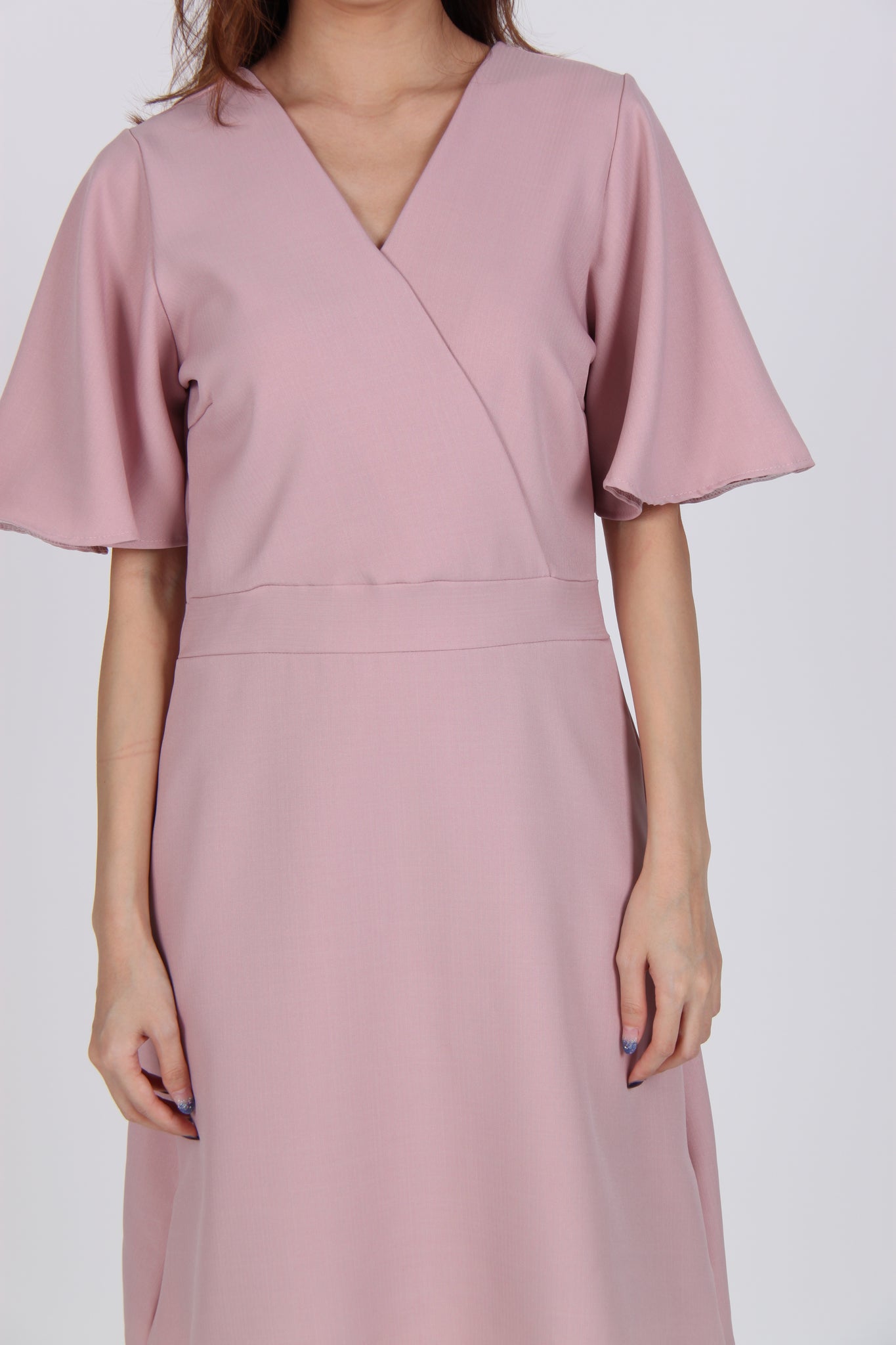 Bell Sleeves Wrap Front Dress in Pink