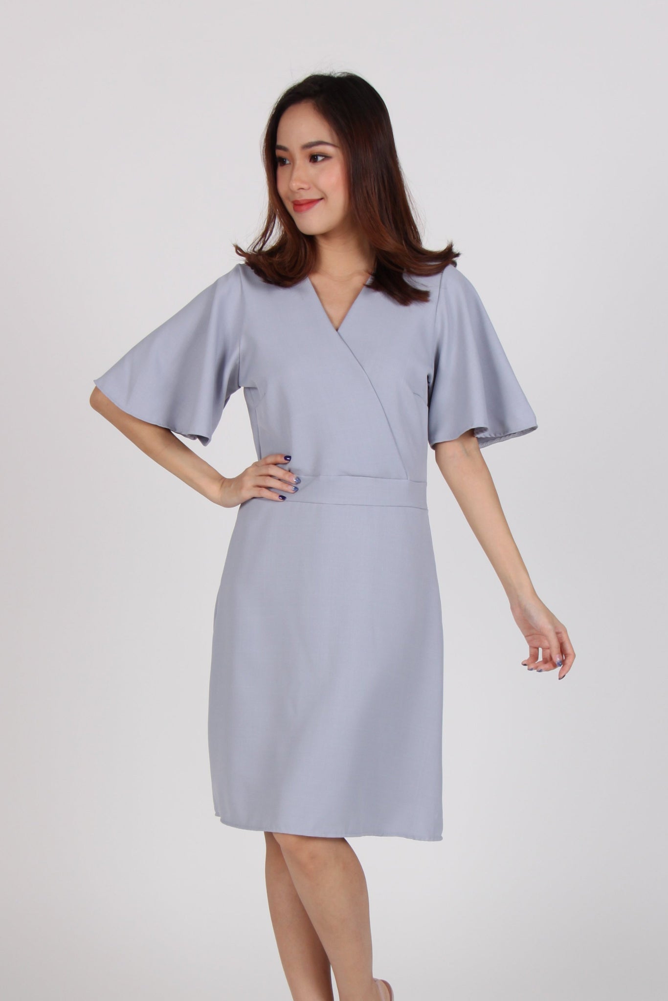 Bell Sleeves Wrap Front Dress in Light Blue