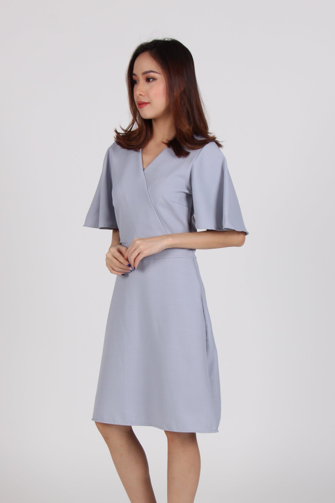 Bell Sleeves Wrap Front Dress in Light Blue