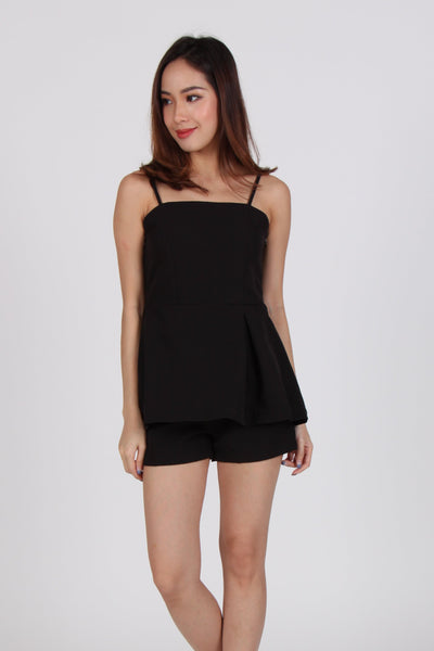 2 Piece Side Pleat Spag Top with Shorts in Black