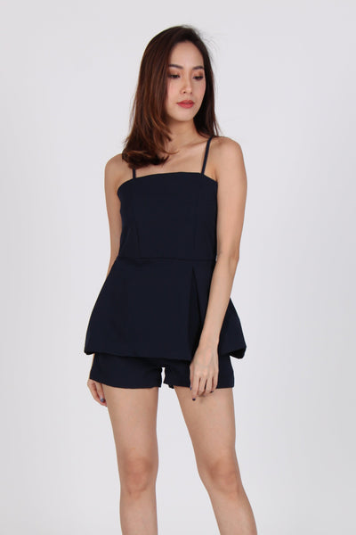 2 Piece Side Pleat Spag Top with Shorts in Navy Blue