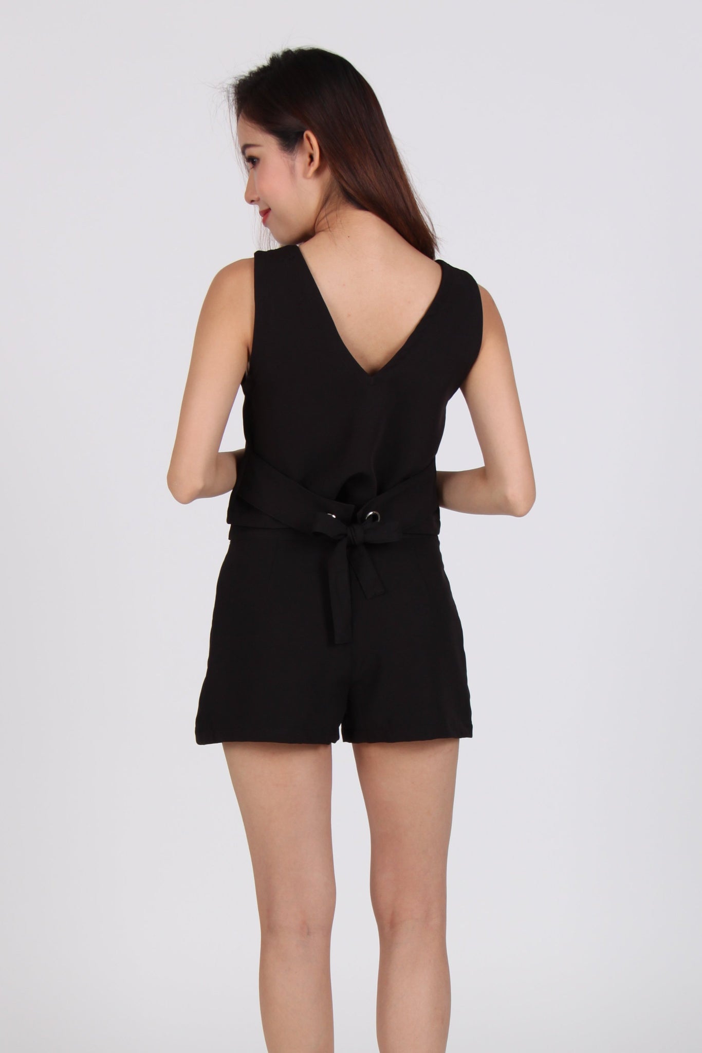 2 Piece Back Tie Top with Shorts in Black