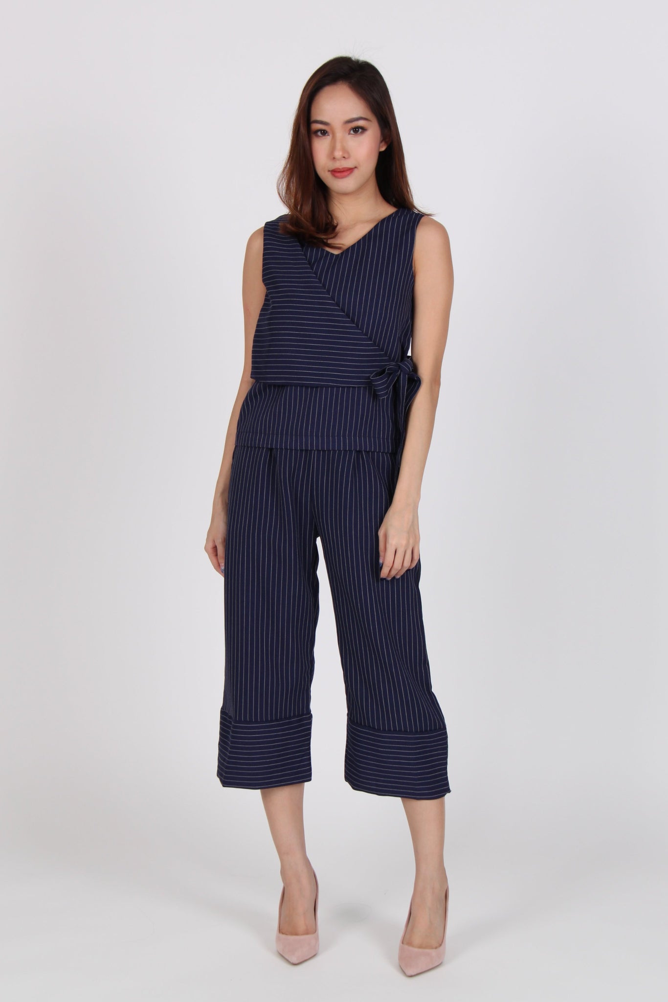 2 Piece Pinstripe Side Overlap Top with Culottes in Navy Blue