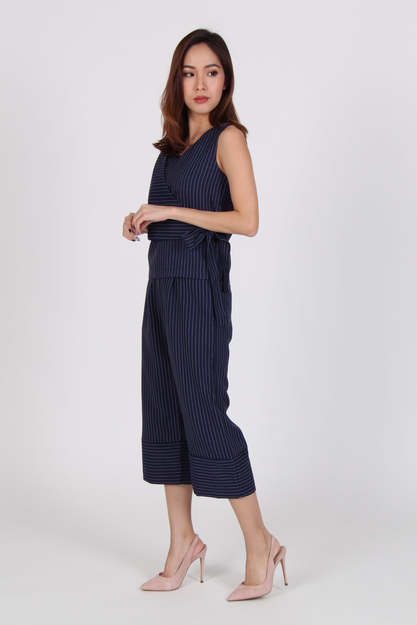 2 Piece Pinstripe Side Overlap Top with Culottes in Navy Blue