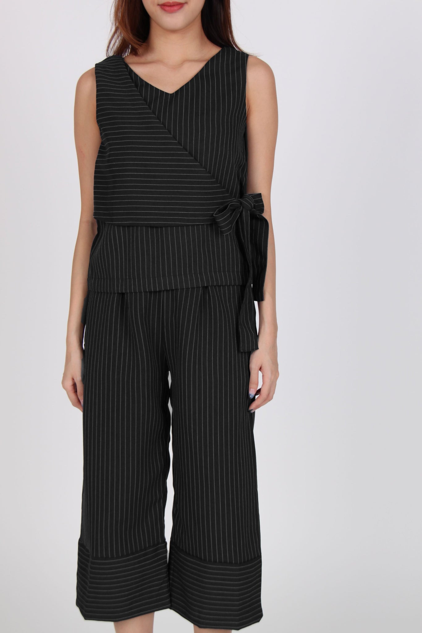 2 Piece Pinstripe Side Overlap Top with Culottes in Black