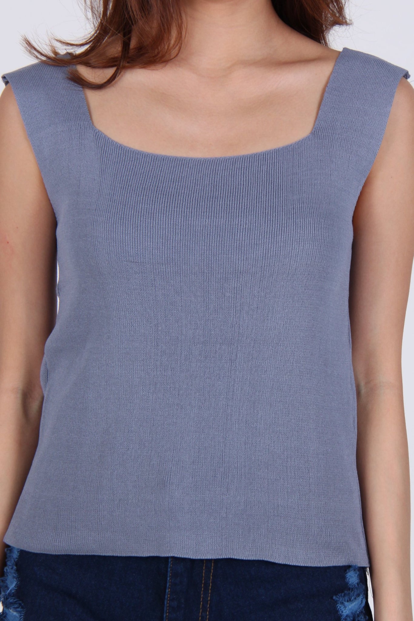Knit Square Neck Sleeveless Top in Blue-Grey