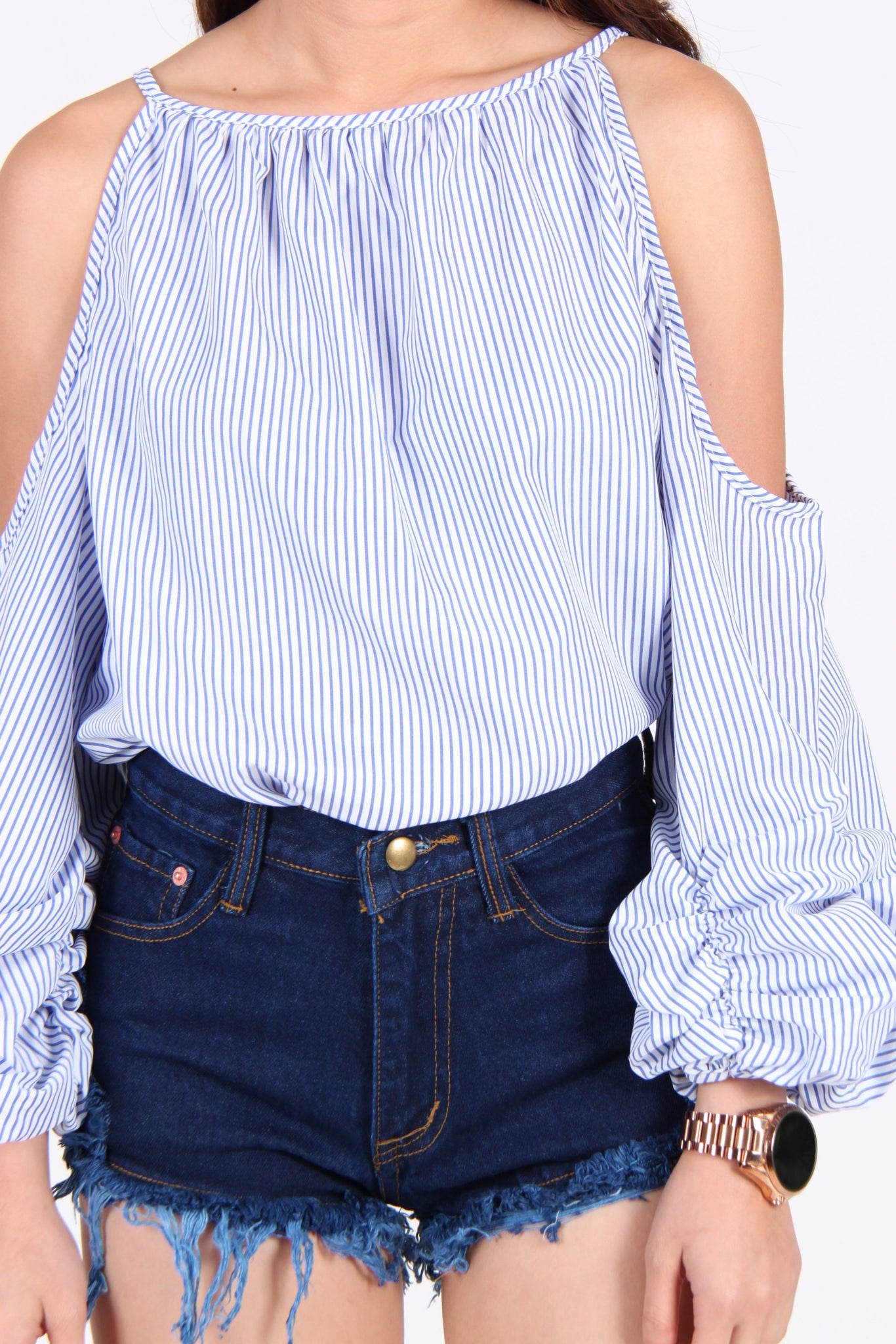 Stripes Cold Shoulder Balloon Top in White