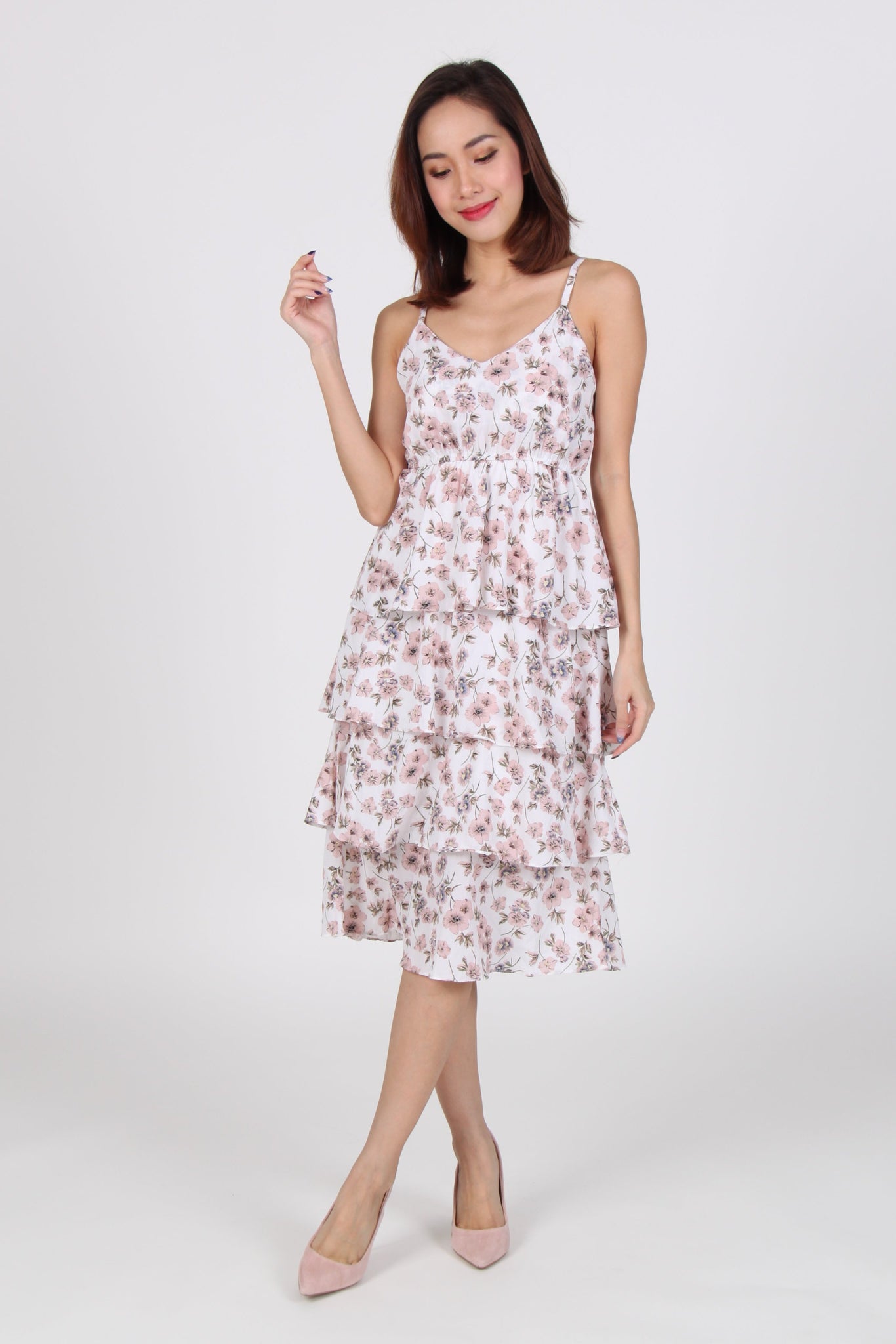 Floral Spag Layered Midi Dress in Pink