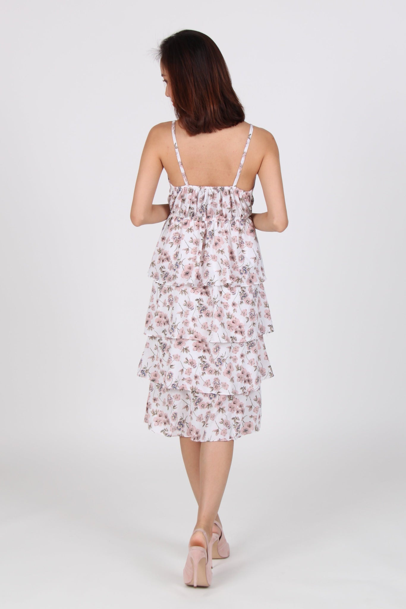 Floral Spag Layered Midi Dress in Pink