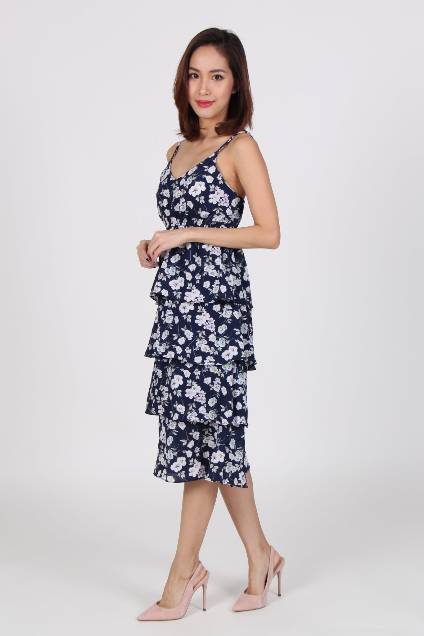 Floral Spag Layered Midi Dress in Navy Blue