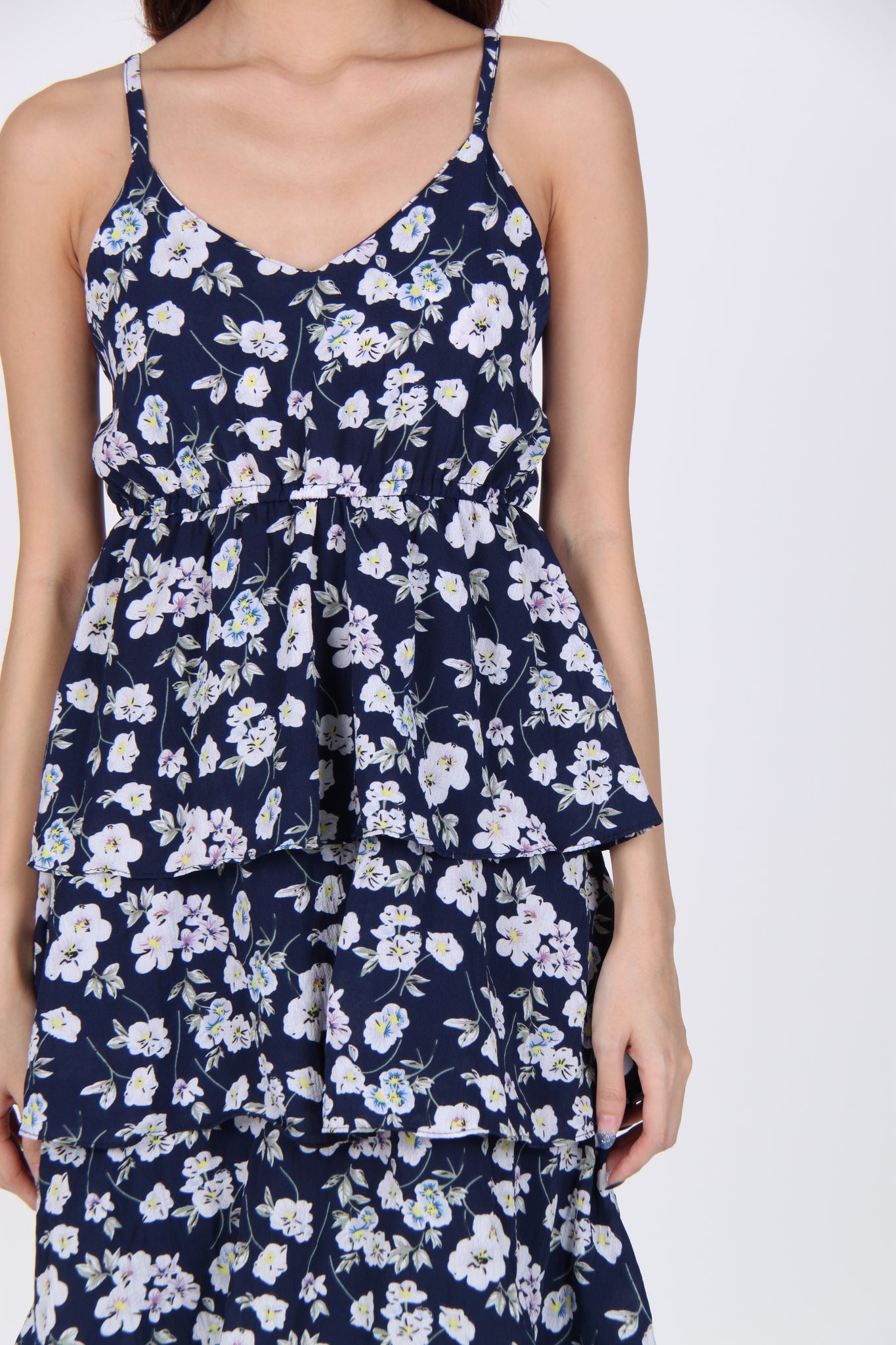 Floral Spag Layered Midi Dress in Navy Blue