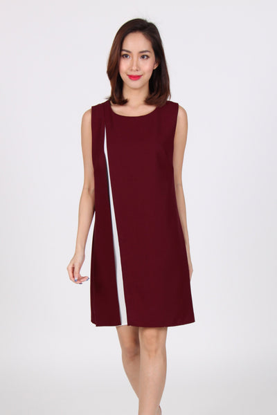 Side Slit Contrast Layered Shift Dress in Maroon
