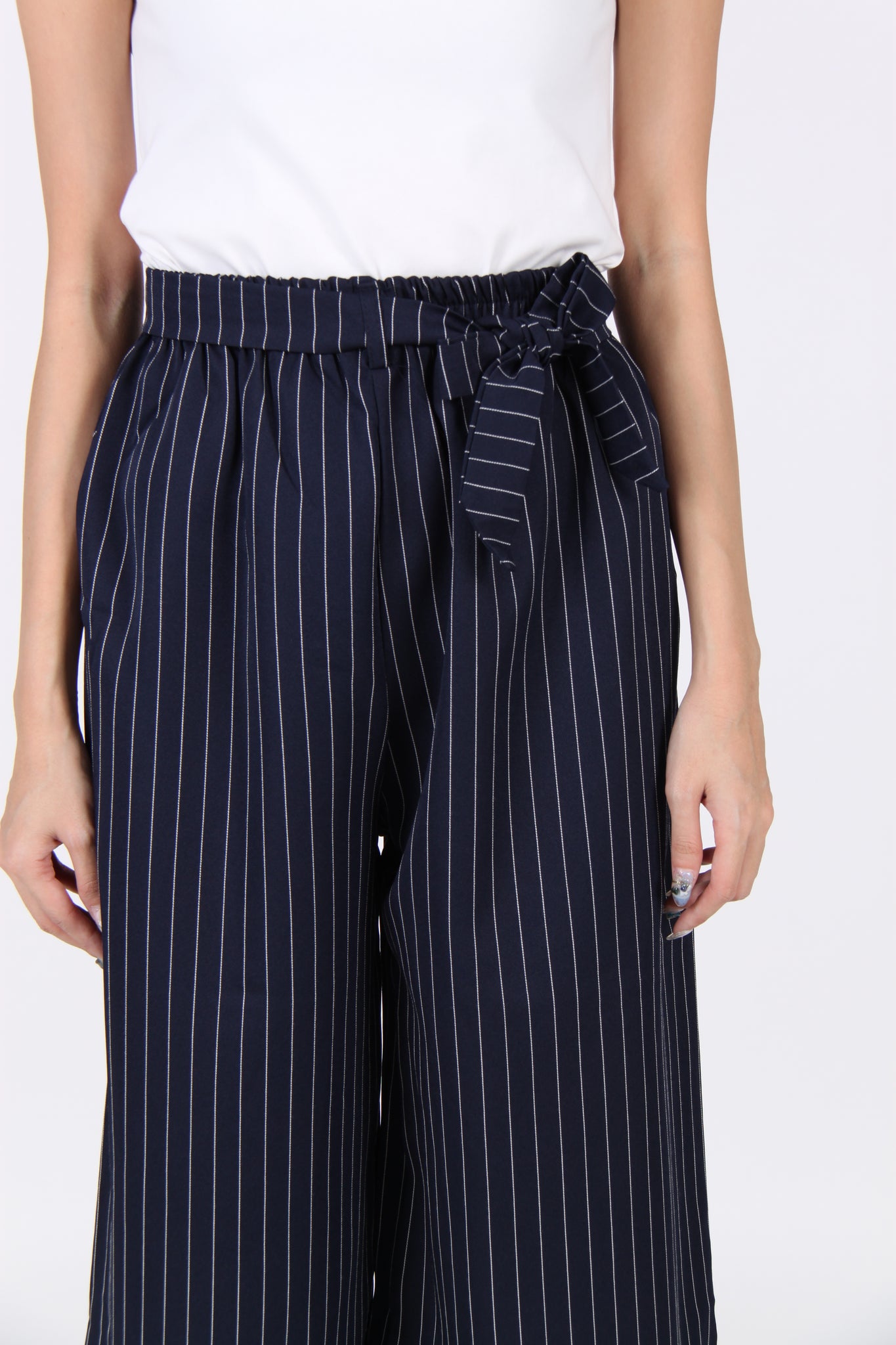 Pinstripes Ribbon Front Tie Culottes In Navy Blue