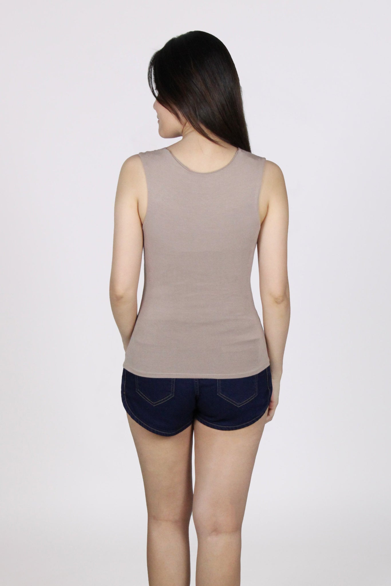 Basic Sleeveless Wide Square Neck Cotton Top in Beige