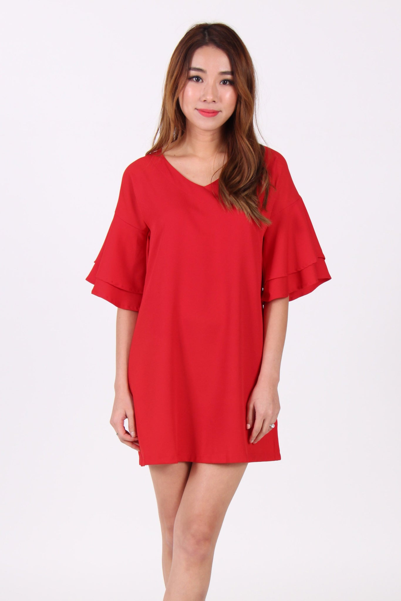 Layered Trumpet Sleeves Shift Dress in Red
