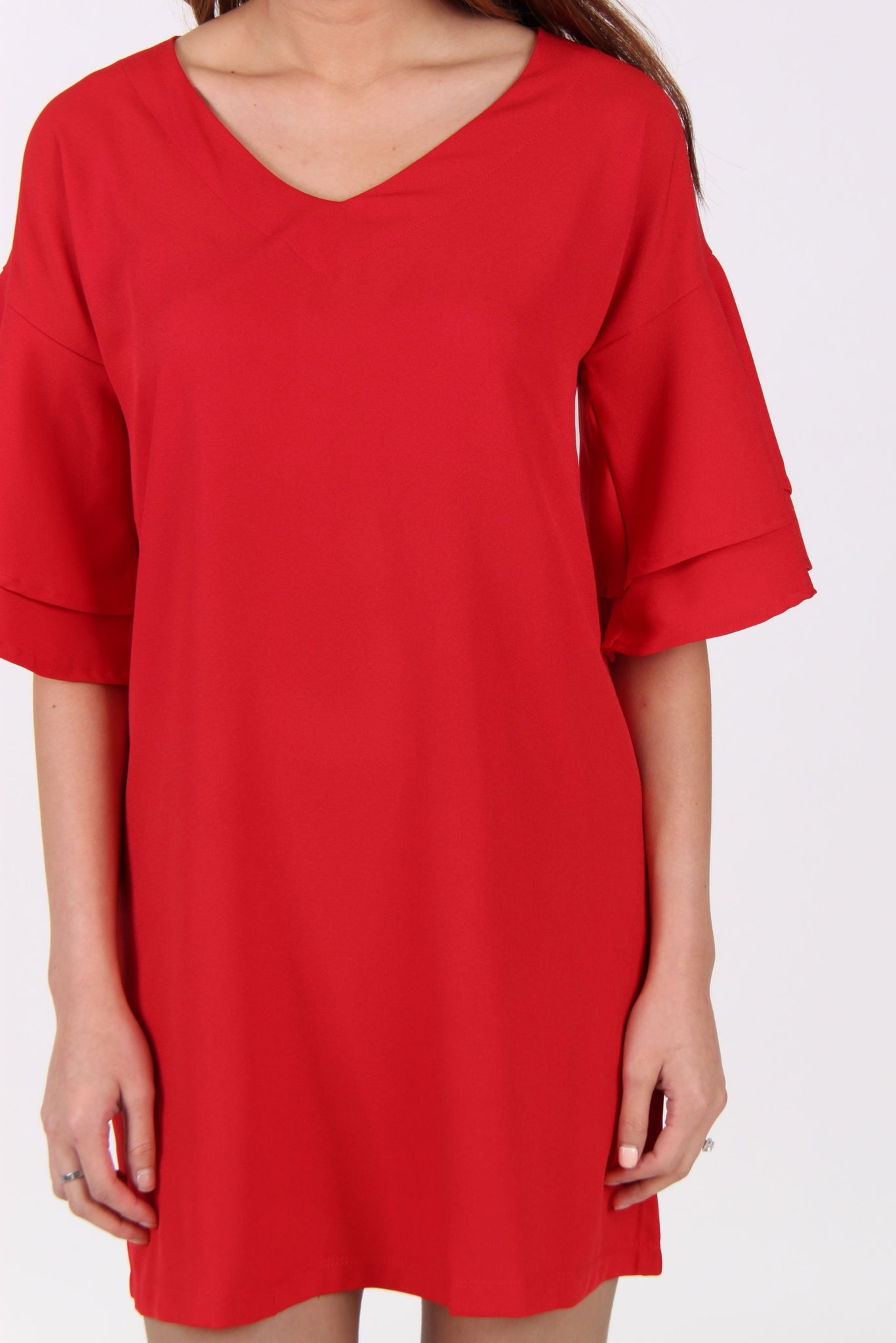 Layered Trumpet Sleeves Shift Dress in Red
