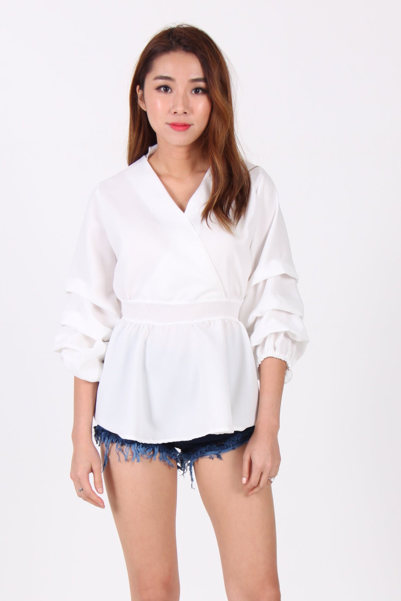 Ribbon Back Wrap Front Balloon Sleeve Top in White