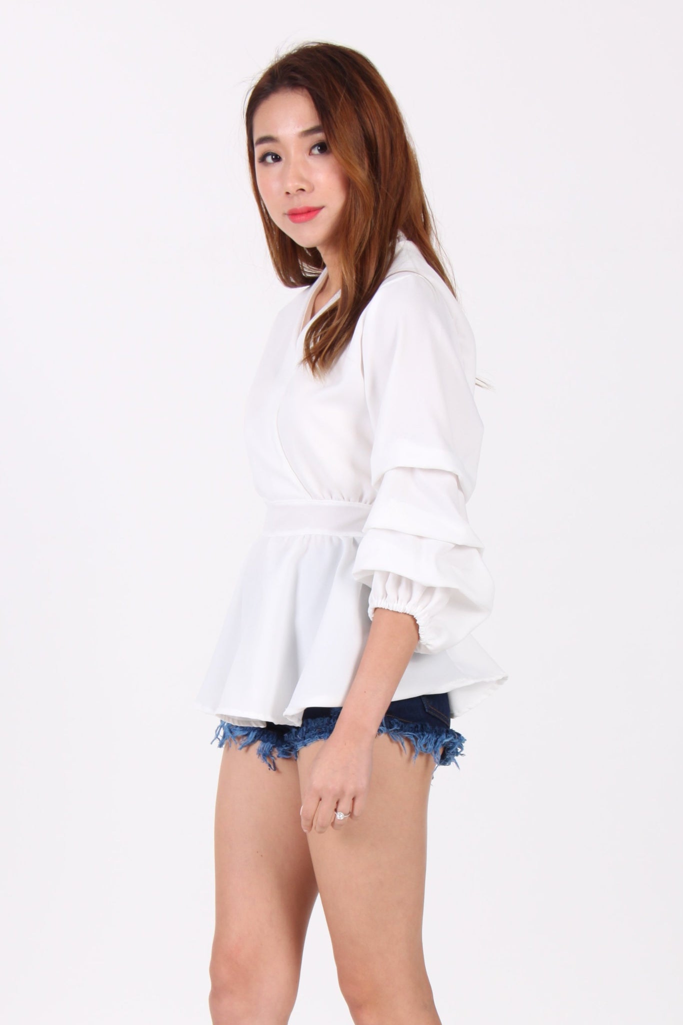 Ribbon Back Wrap Front Balloon Sleeve Top in White