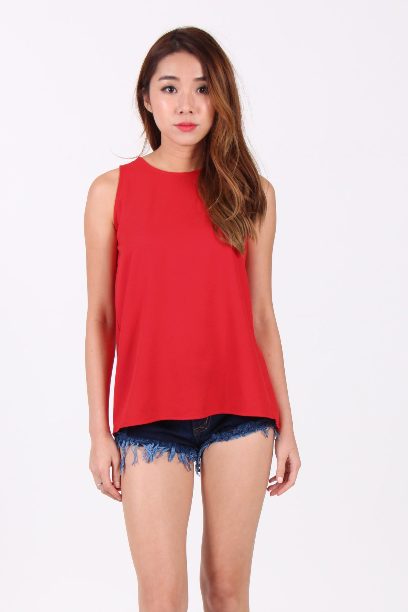 Contrast Ribbon Back Cut-Out Top in Red