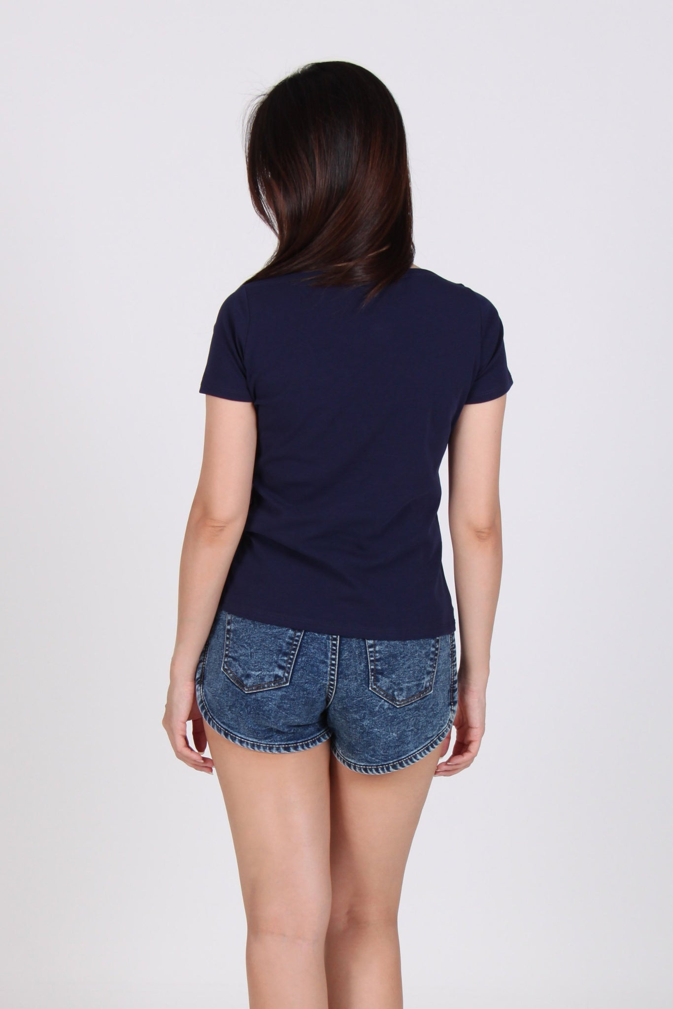 Basic Boat Neck Short Sleeve Cotton Top In Navy Blue