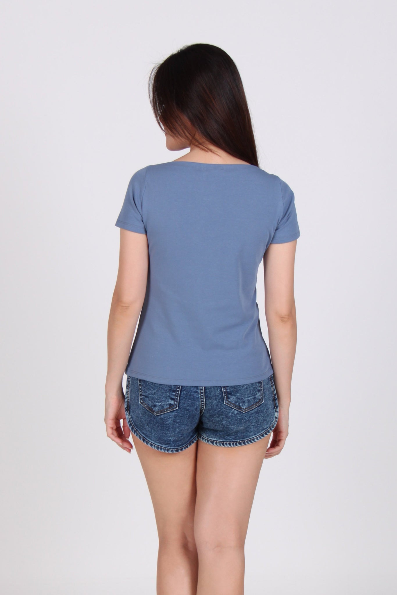 Basic Boat Neck Short Sleeve Cotton Top In Blue