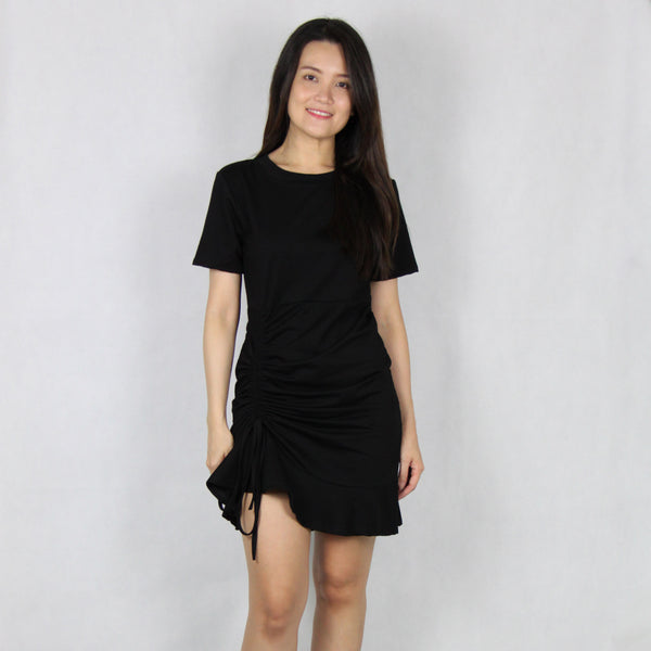 Basic Front Side Drawstring Cotton Mini Dress in Black