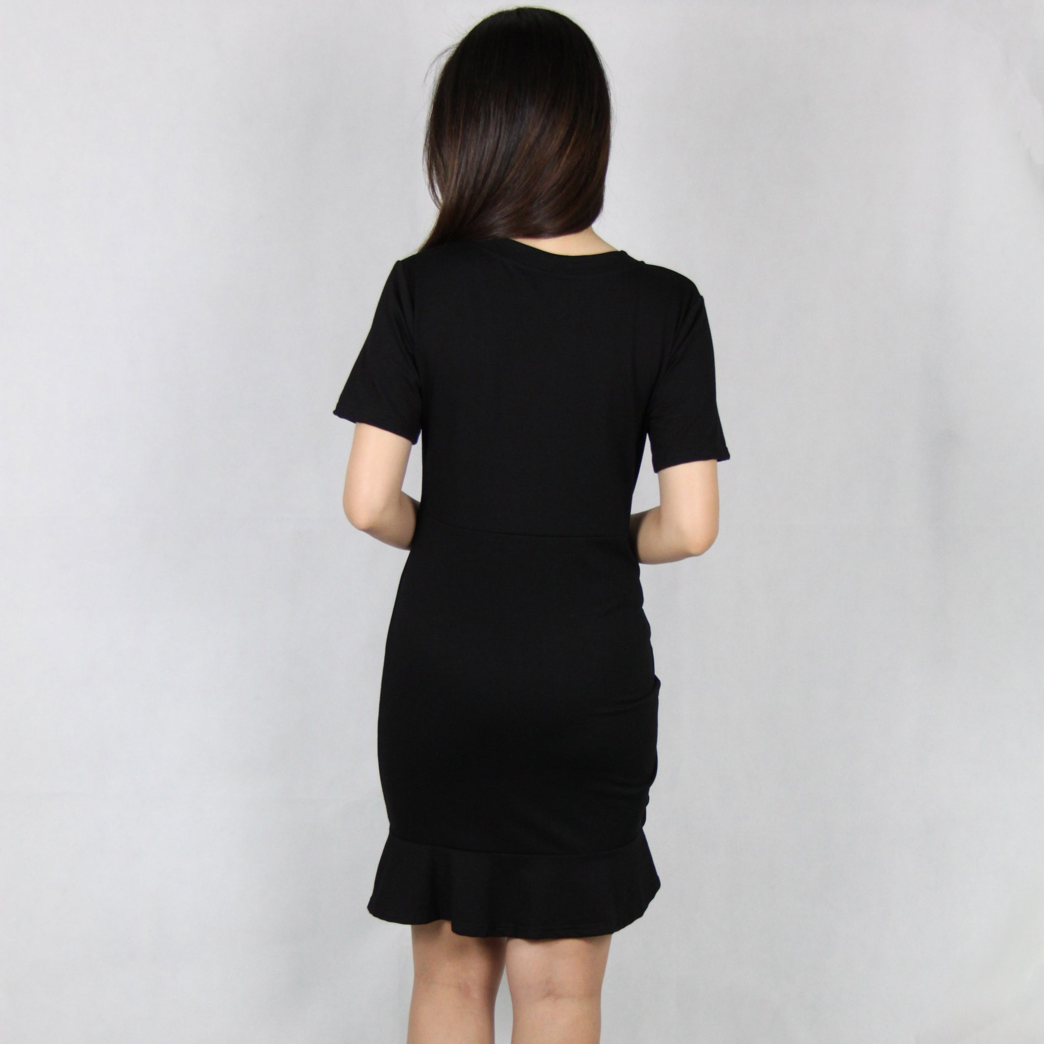 Basic Front Side Drawstring Cotton Mini Dress in Black