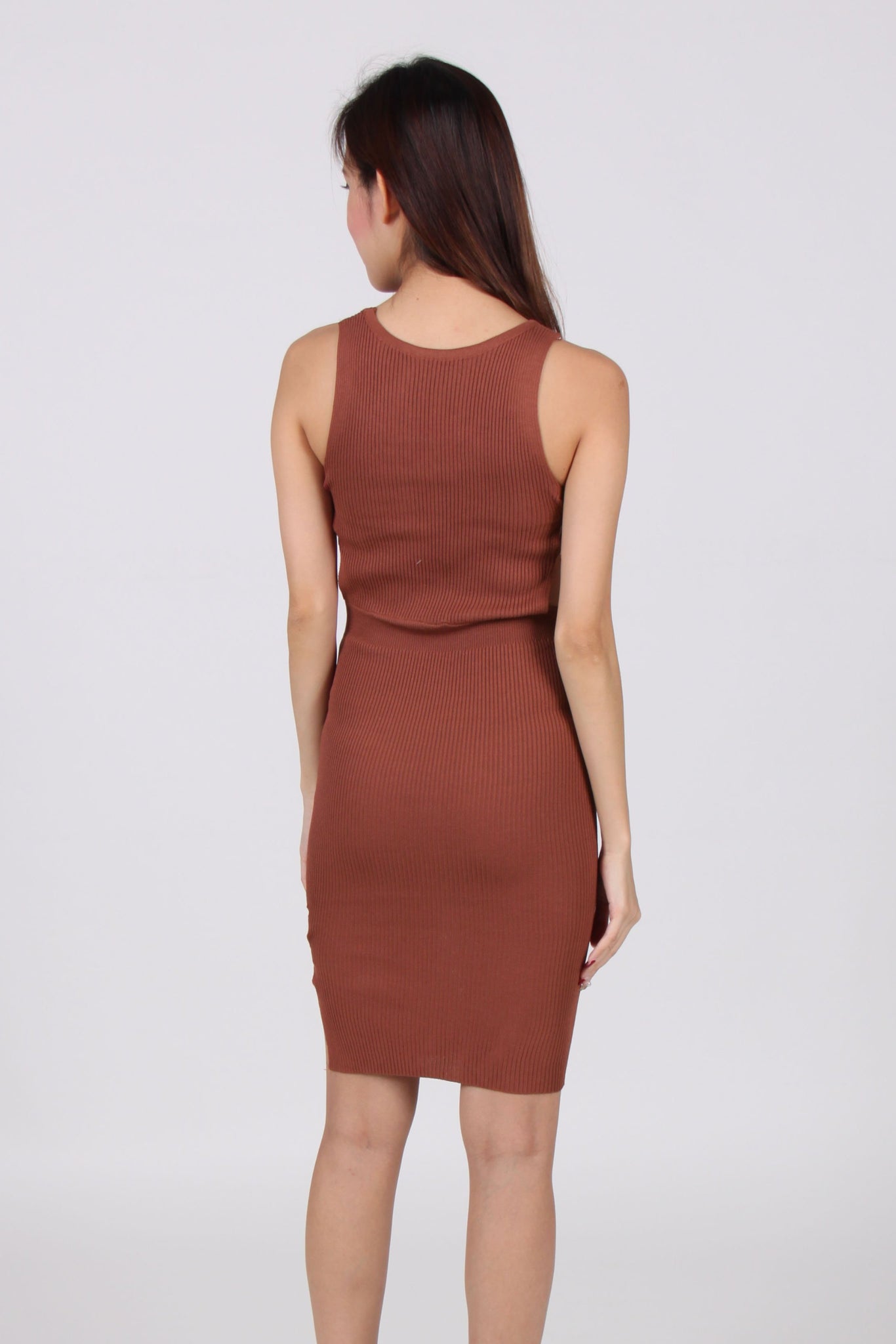 Side Cut-Out With Side Slit Bodycon Dress in Copper Brown
